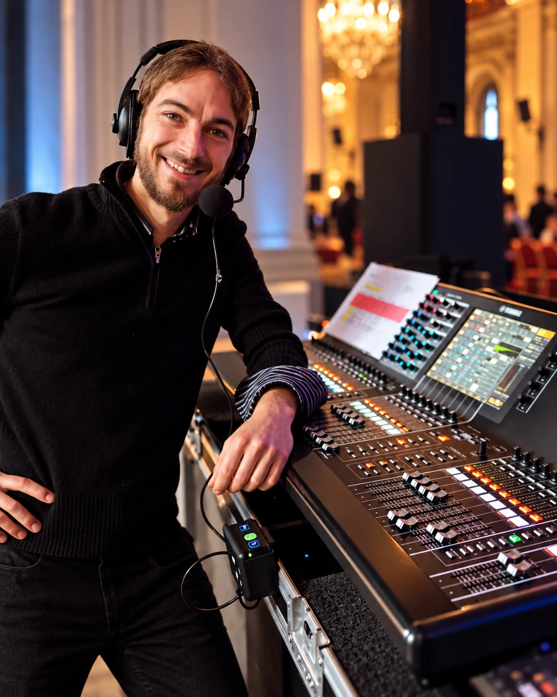 Andreas Zilleckens wearing a headset beside an audio mixing console