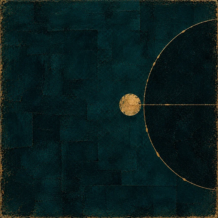 Ackhome: gold disc and a dark circle crossing the right edge of a teal field