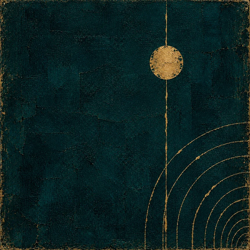 Berollino: textured dark teal field with a suspended gold disc and curved lines