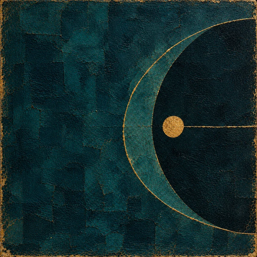Hilver: large dark arc and small gold disc on textured teal