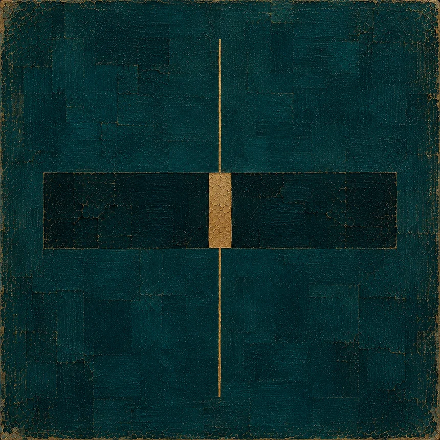 Laloo: dark teal field crossed by a gold vertical line and central rectangle