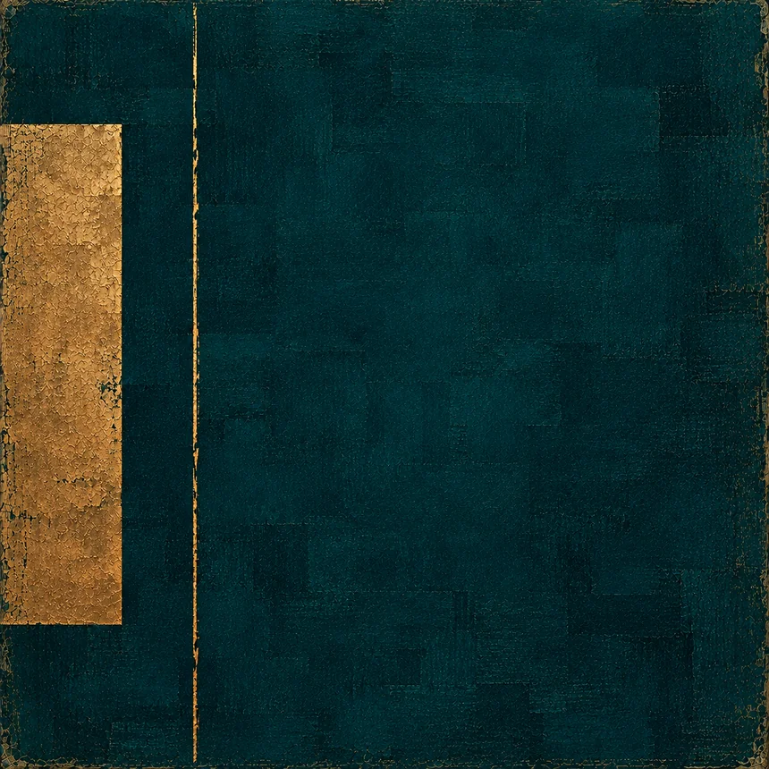 Tecco: broad gold block and fine vertical line on dark teal