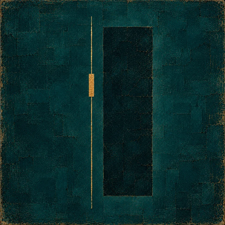 Zganne: narrow gold line beside a dark vertical block on teal texture