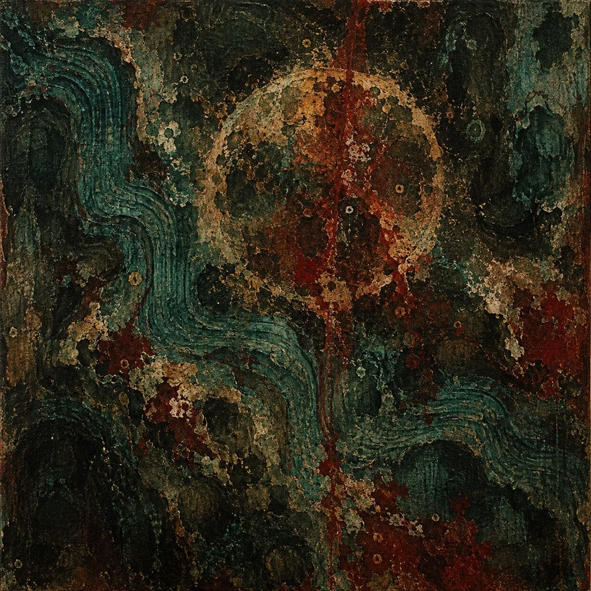 Deep teal and rust abstract composition with layered curves and a muted circle