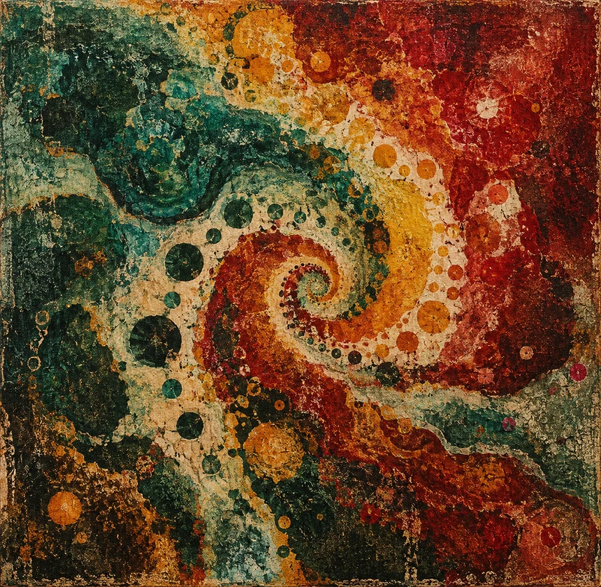 Teal, rust and gold abstract composition with a central spiral and scattered circles